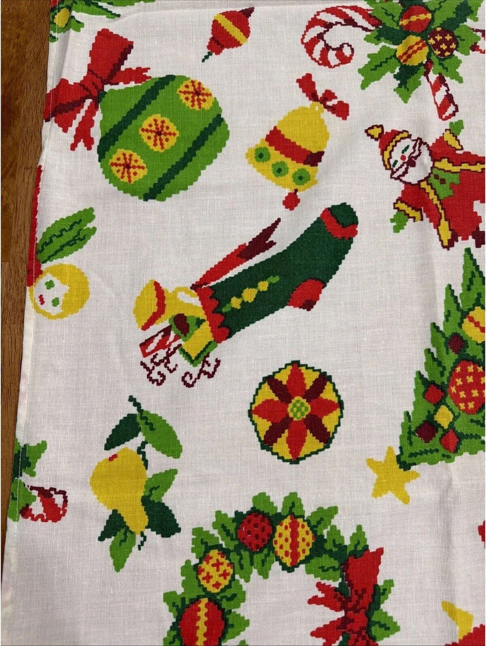 VTG Christmas Tablecloth Kitschy Mid Century Santa Angel Wreath Candy Cane 58x84
